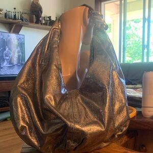 ELIE TAHARI METALLIC GOLD/BRONZE HOBO SHOULDER BAG WITH GOLD RINGS DETAIL